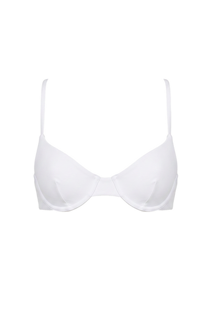 White underwire molded bikini top with adjustable shoulder straps and structured cups.