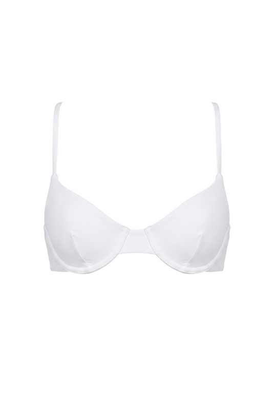 White underwire molded bikini top with adjustable shoulder straps and structured cups.