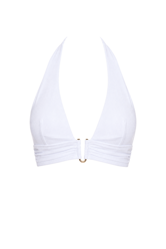 fabric:matte polyester | view:01 | White halter bikini top with plunging neckline, ruched band, and gold front hardware on a white background