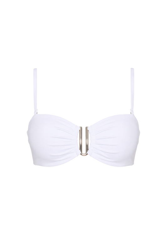 fabric:matte polyester | view:01 | White bandeau bikini top with shoulder straps and gold U-shaped center hardware on a white background