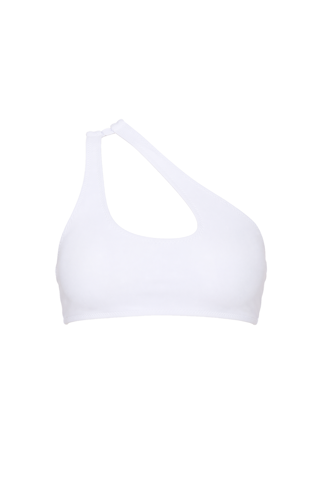 White asymmetric one-shoulder crop top bikini with scoop neckline.