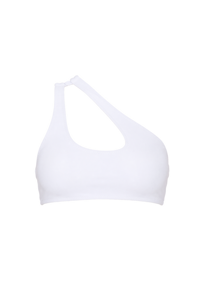 White asymmetric one-shoulder crop top bikini with scoop neckline.