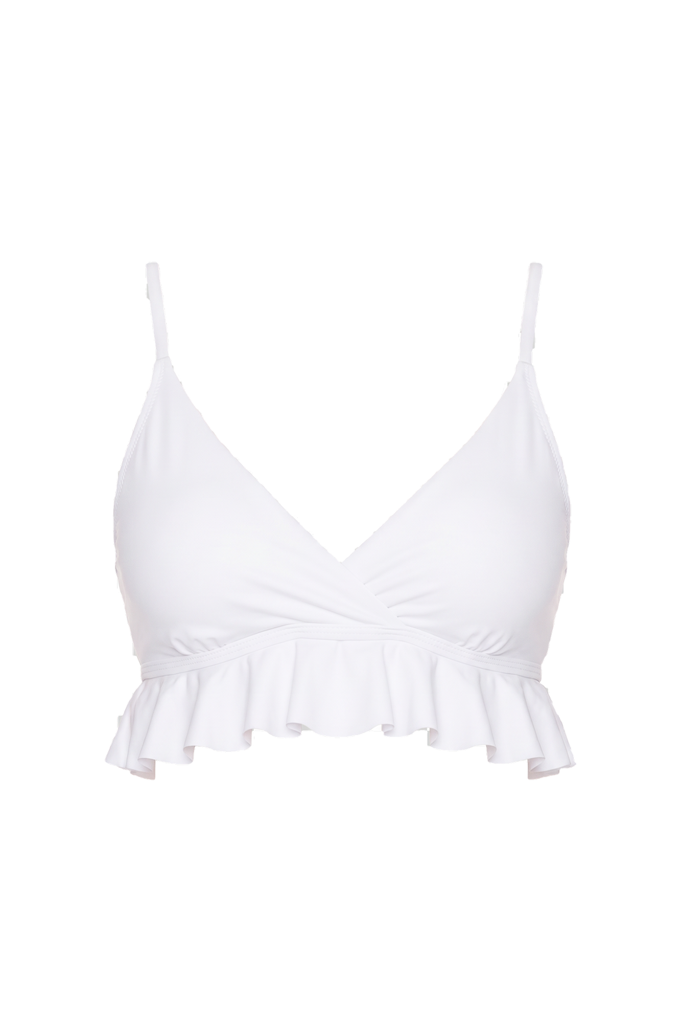 White V-neck bikini top with front twist detail and ruffle peplum hem.