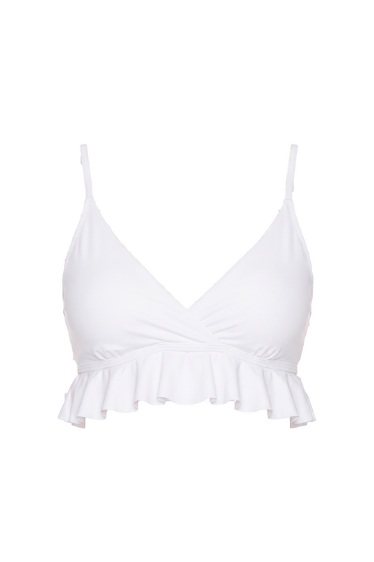 White V-neck bikini top with front twist detail and ruffle peplum hem.