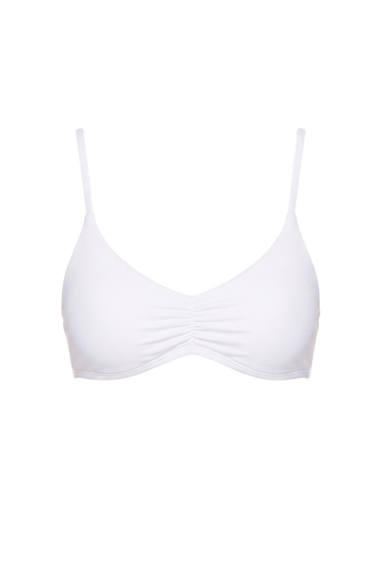 White V-neck bikini top with thin straps and front ruching.