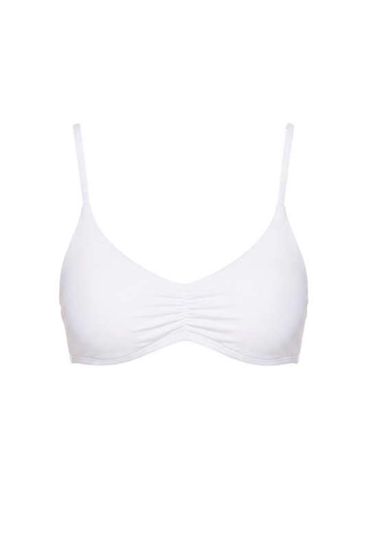 White V-neck bikini top with thin straps and front ruching.