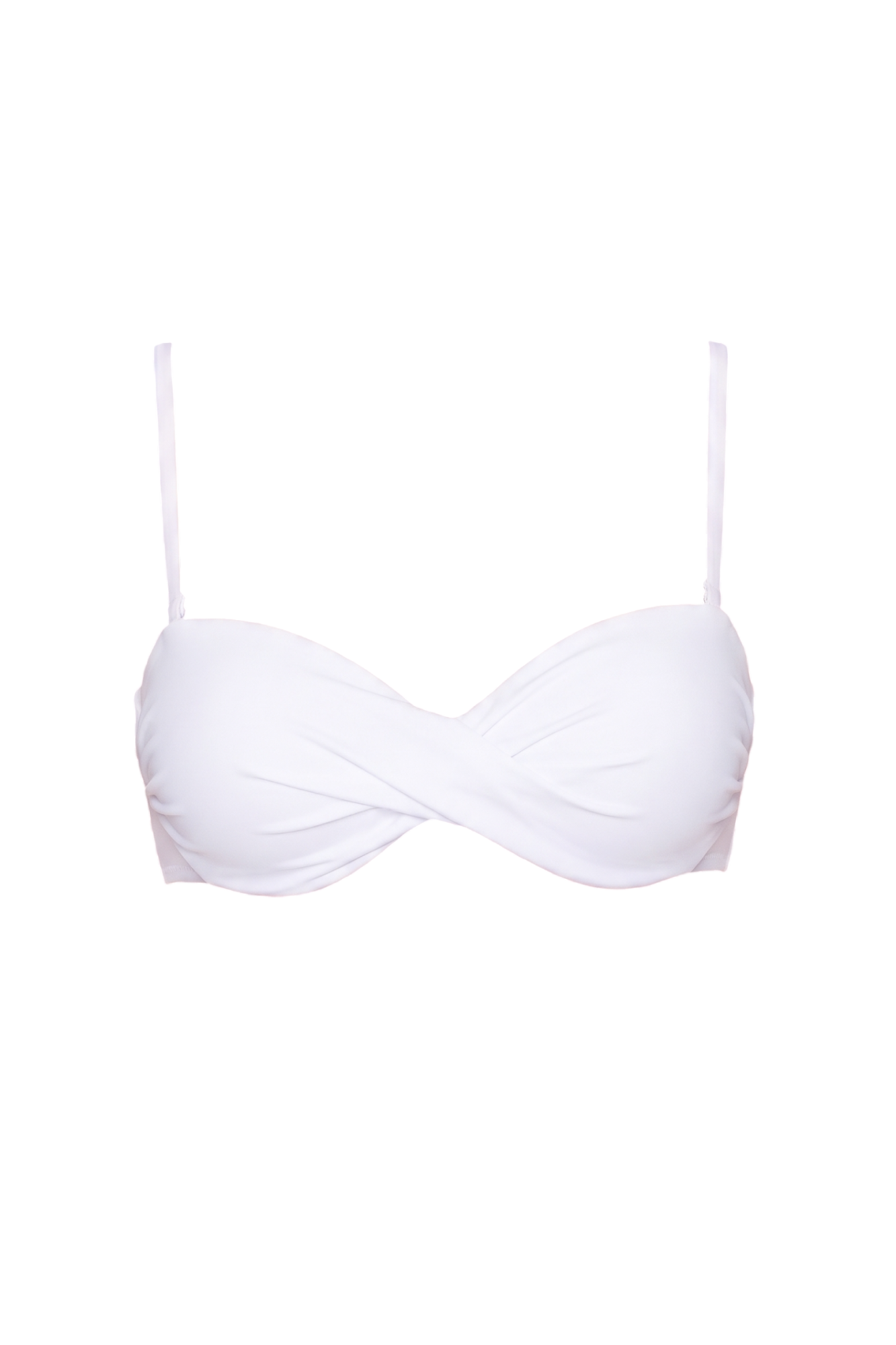 White underwire bikini top with adjustable straps and twist front detail.