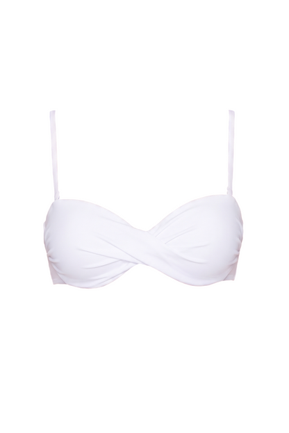 White underwire bikini top with adjustable straps and twist front detail.