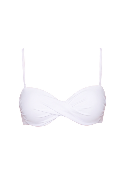 White underwire bikini top with adjustable straps and twist front detail.