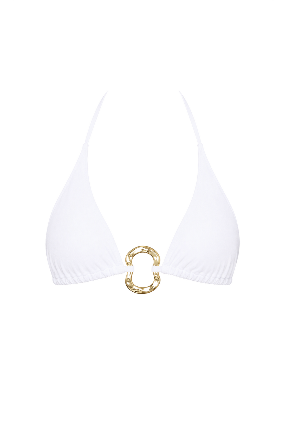 fabric:matte polyester | view:01 | White triangle halter bikini top with gathered cups and gold oval ring detail on a white background