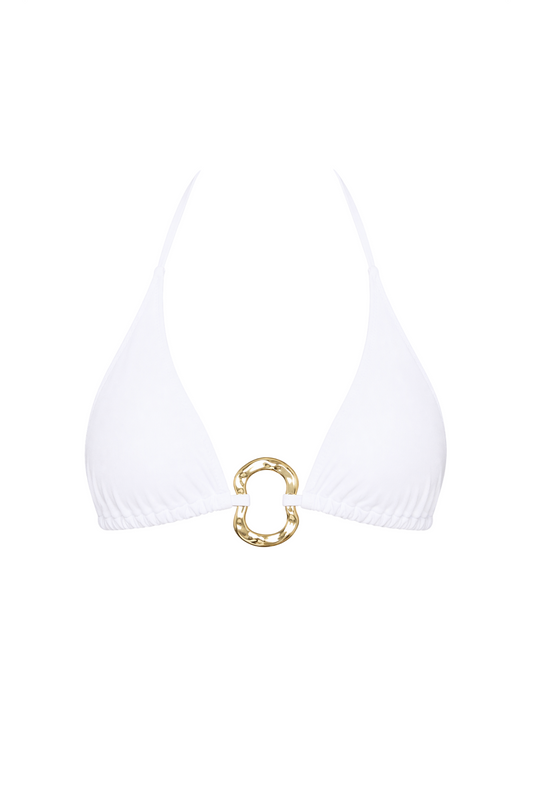 fabric:matte polyester | view:01 | White triangle halter bikini top with gathered cups and gold oval ring detail on a white background