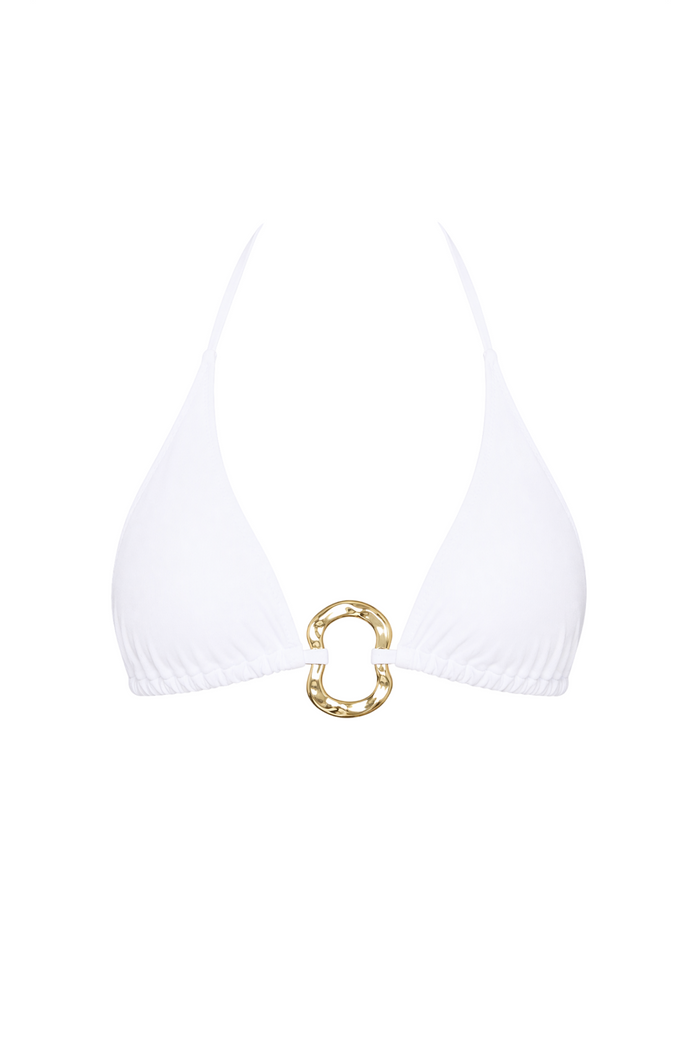 fabric:matte polyester | view:01 | White triangle halter bikini top with gathered cups and gold oval ring detail on a white background