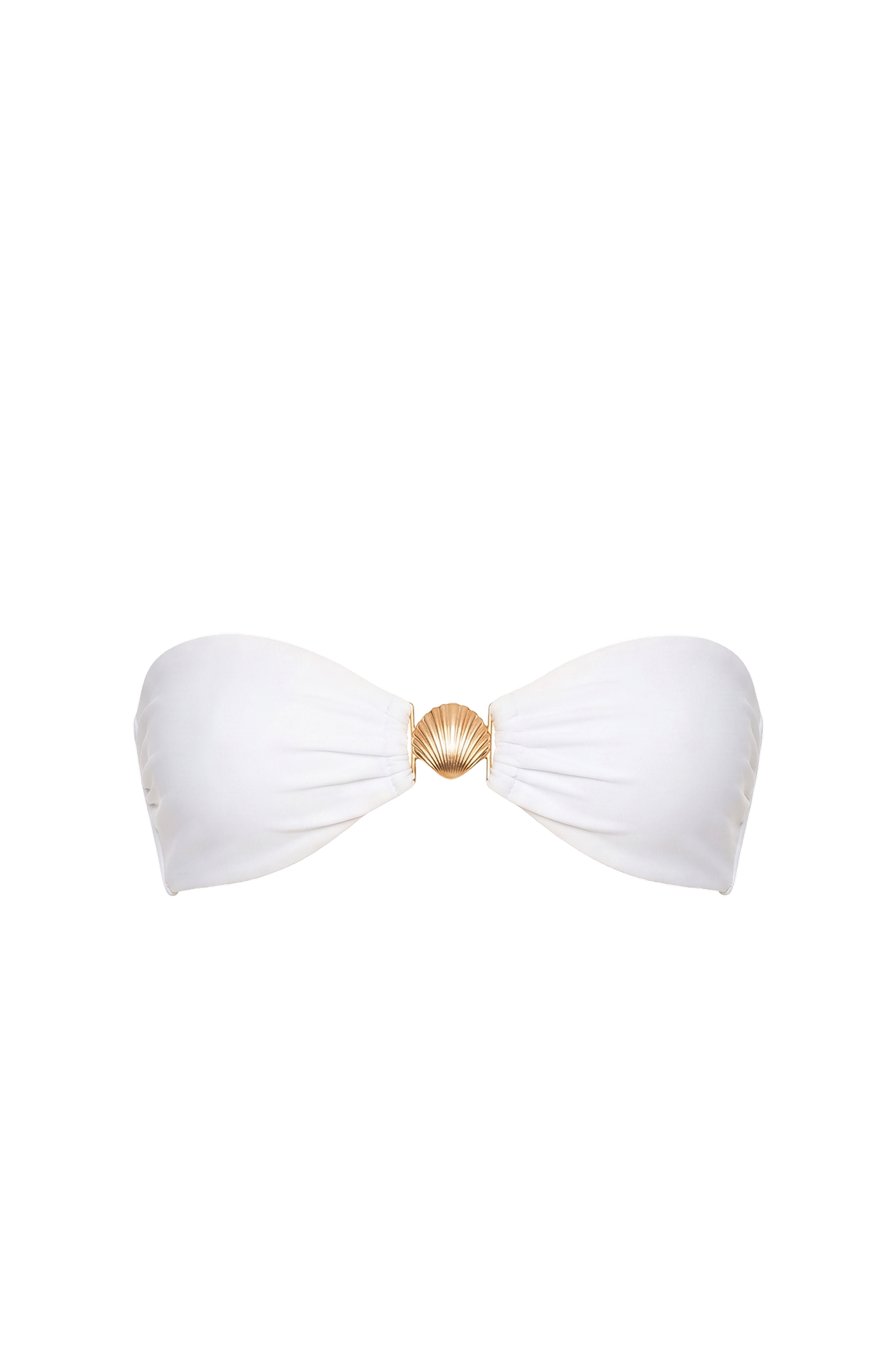 White strapless bandeau bikini top with gold shell accent center.