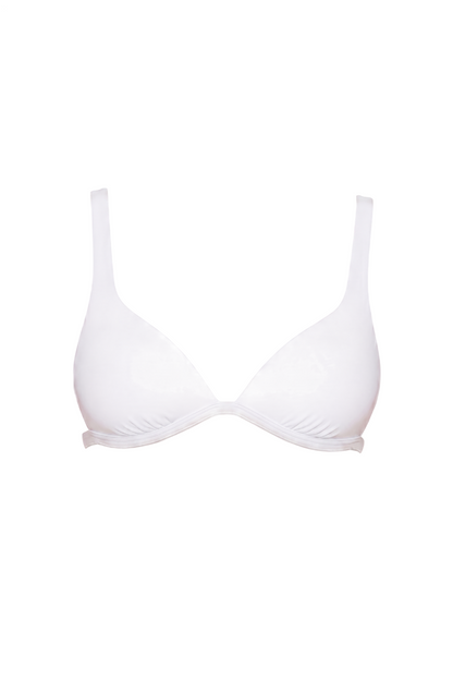 fabric:matte nylon | view:01 | White plunge bikini top with wide straps and gathered underbust, front view on white background