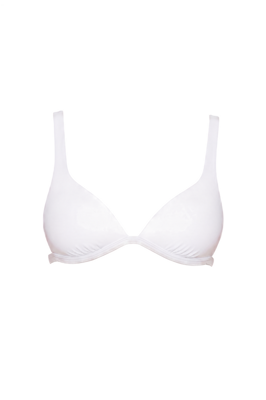 fabric:matte nylon | view:01 | White plunge bikini top with wide straps and gathered underbust, front view on white background