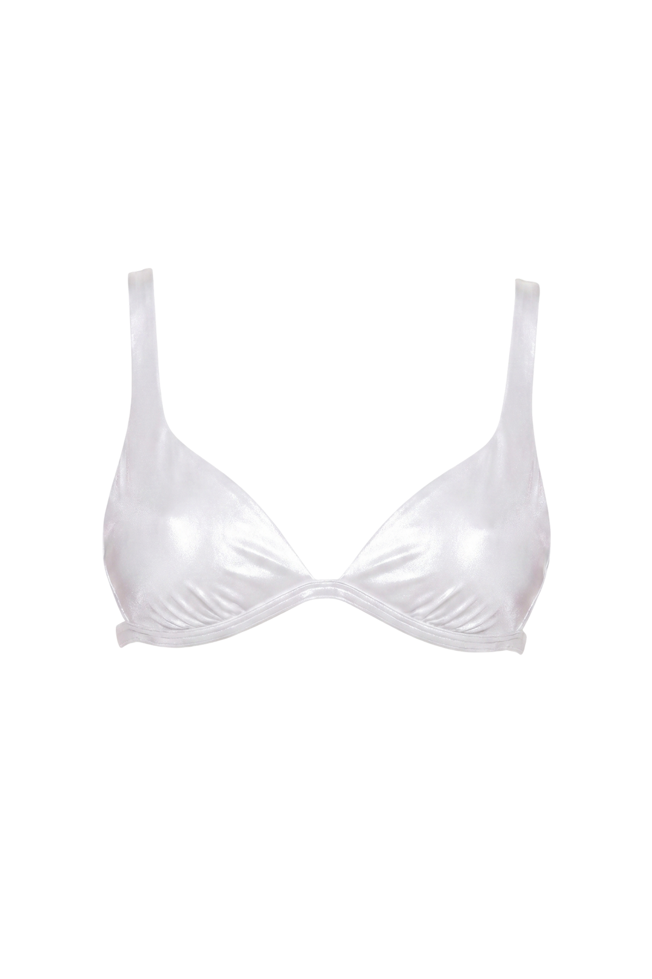 fabric:shiny nylon | view:01 | White shiny triangle bikini top with wide shoulder straps on a plain background