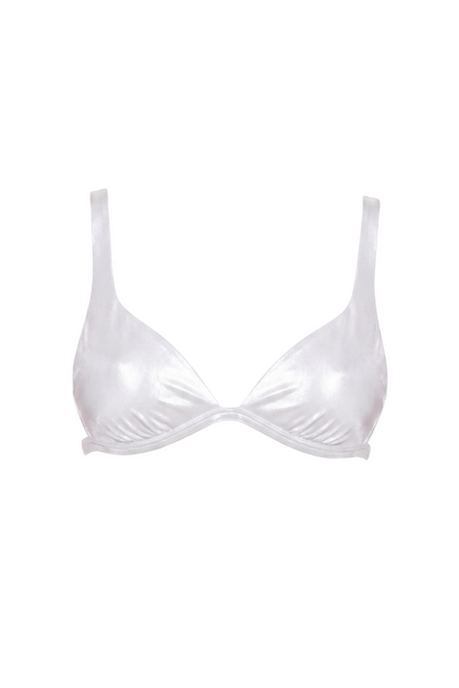 fabric:shiny nylon | view:01 | White shiny triangle bikini top with wide shoulder straps on a plain background
