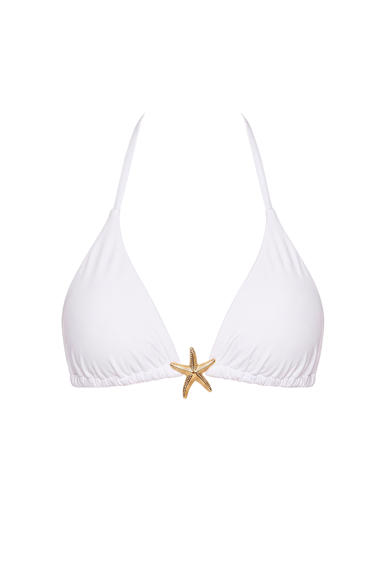 White halter triangle bikini top with gold starfish hardware accent at the center.