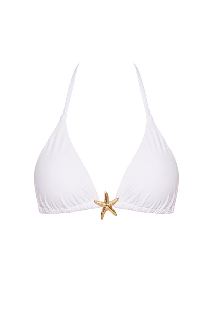 White halter triangle bikini top with gold starfish hardware accent at the center.