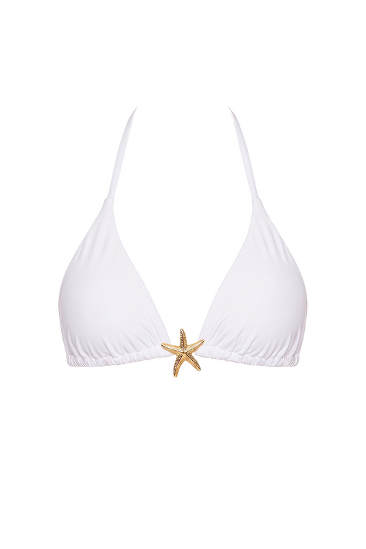 White halter triangle bikini top with gold starfish hardware accent at the center.