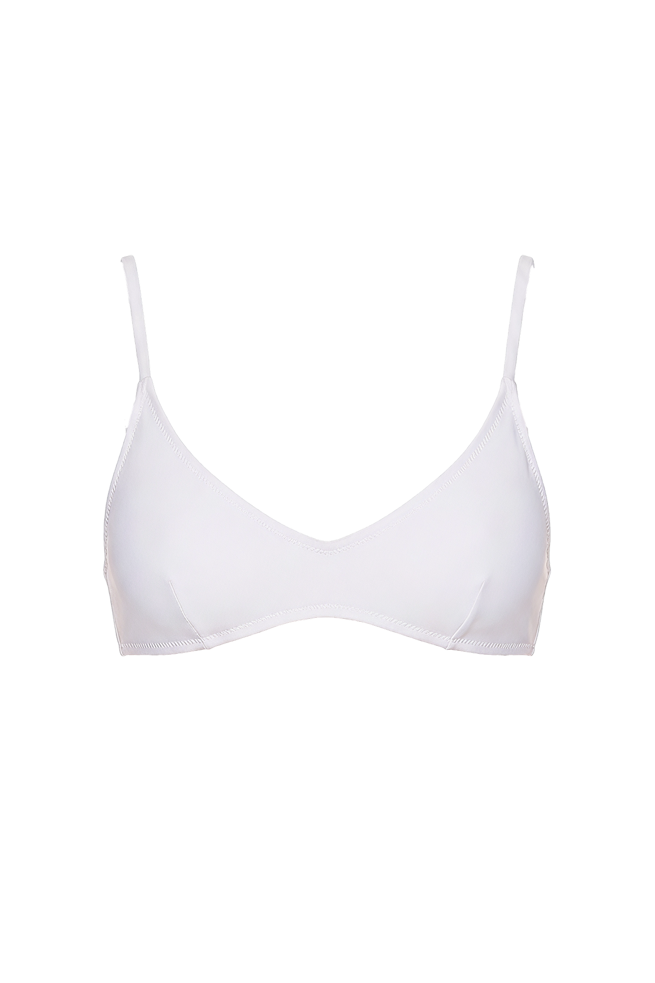 White triangle bikini top with adjustable straps and V-neckline.