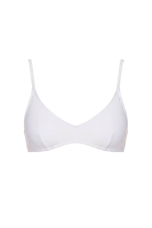 White triangle bikini top with adjustable straps and V-neckline.