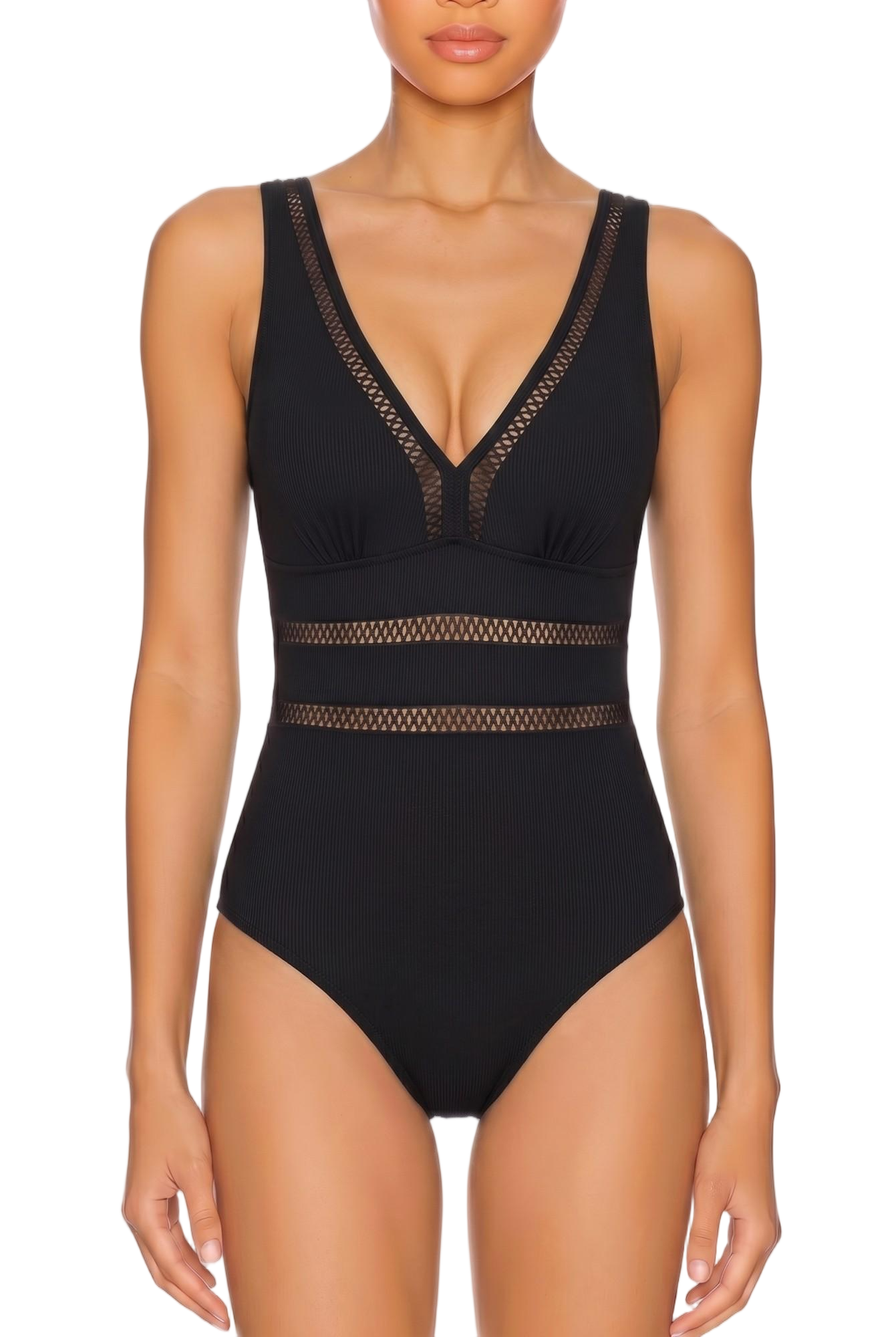 Ribbed Mesh Panel Open Back One Piece Swimsuit