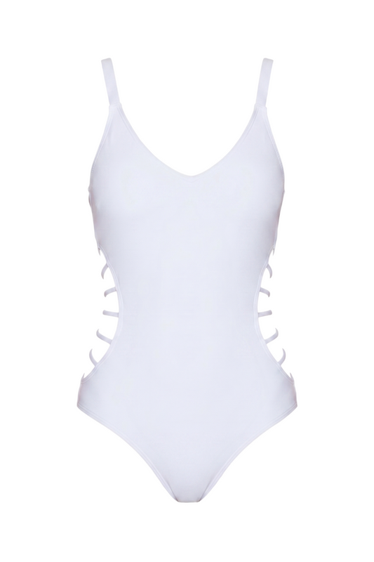fabric:matte polyester | view:01 | White one-piece swimsuit with V-neck, shoulder straps, and side cutouts on a white background