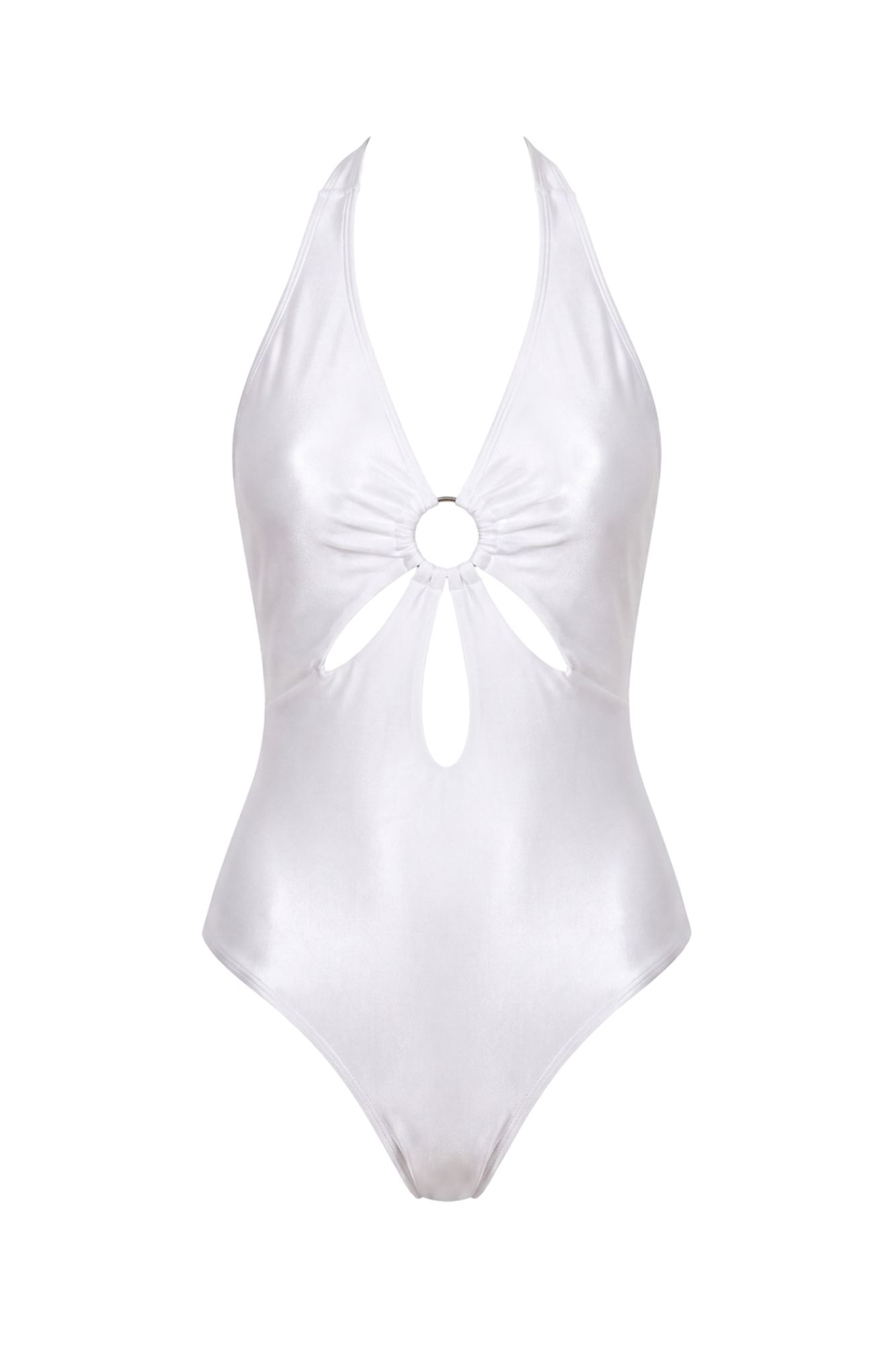 fabric:shiny polyester | view:01 | White halter one-piece swimsuit with front ring detail and cutouts on a plain background