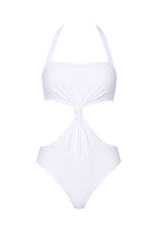 fabric:matte nylon | view:01 | White halter one-piece swimsuit with front cutout and knotted center on a white background