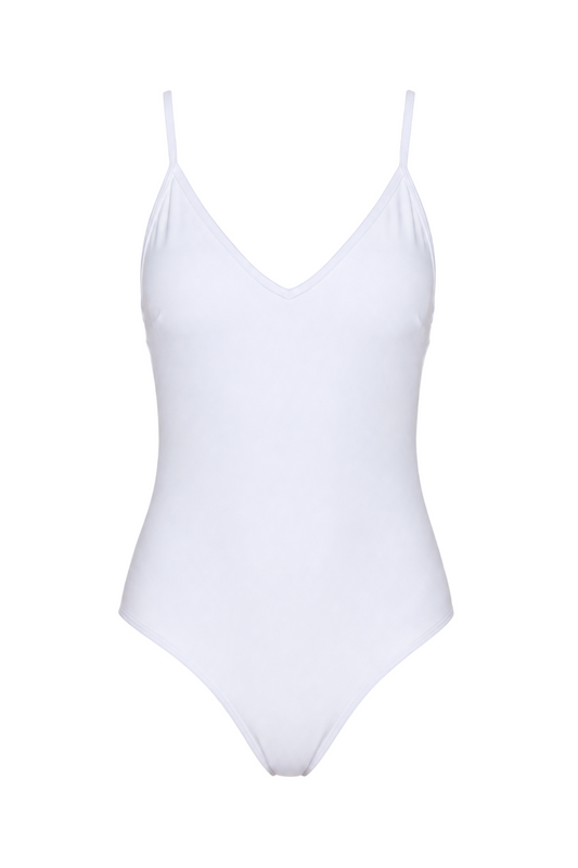 fabric:matte nylon | view:01 | White one-piece swimsuit with thin straps and a V-neck, front view on a white background
