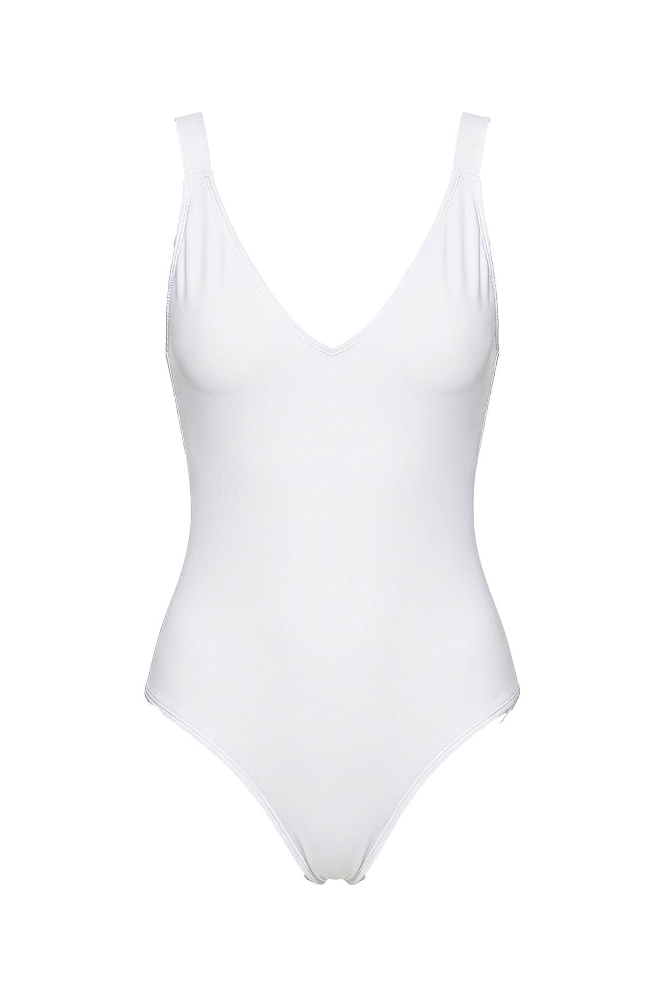 White one-piece swimsuit with deep V-neckline and wide shoulder straps.