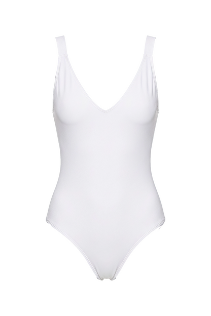 White one-piece swimsuit with deep V-neckline and wide shoulder straps.