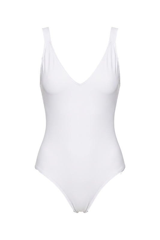 White one-piece swimsuit with deep V-neckline and wide shoulder straps.