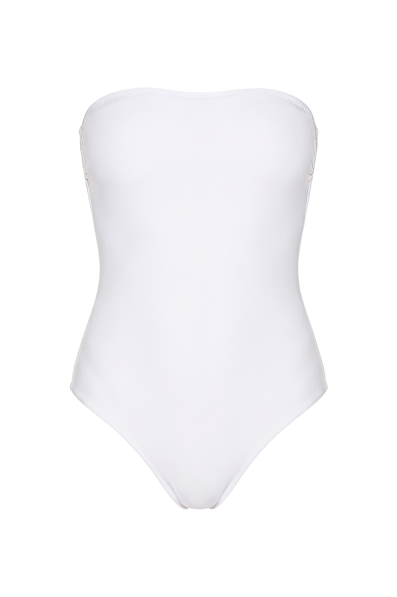 White strapless bandeau one-piece swimsuit with high-cut leg openings.