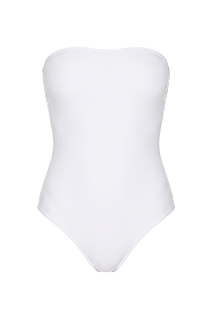 White strapless bandeau one-piece swimsuit with high-cut leg openings.