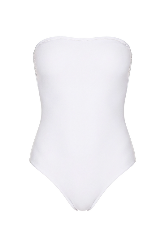 White strapless bandeau one-piece swimsuit with high-cut leg openings.
