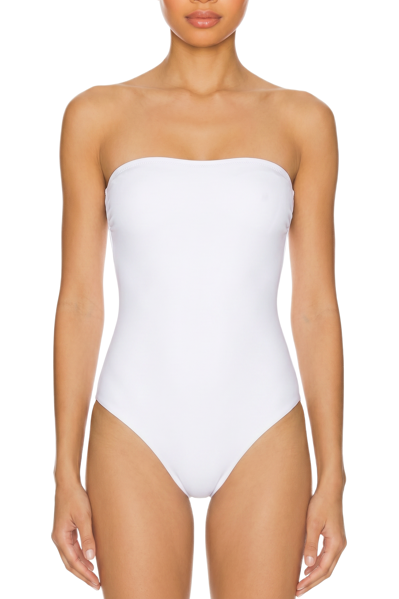 White strapless bandeau one-piece swimsuit with high-cut legs.