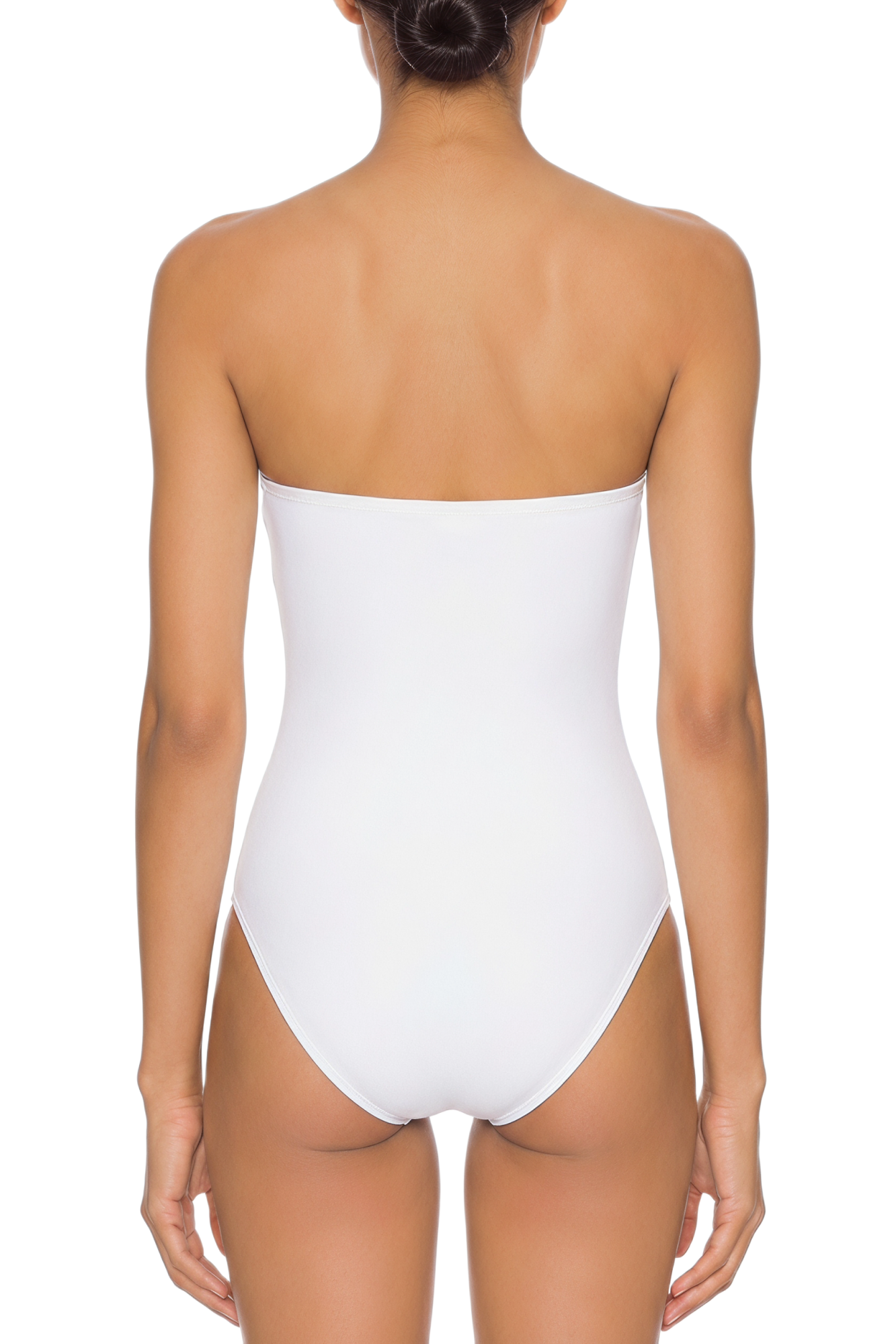 Back view of a white strapless bandeau one-piece swimsuit with high-cut legs.