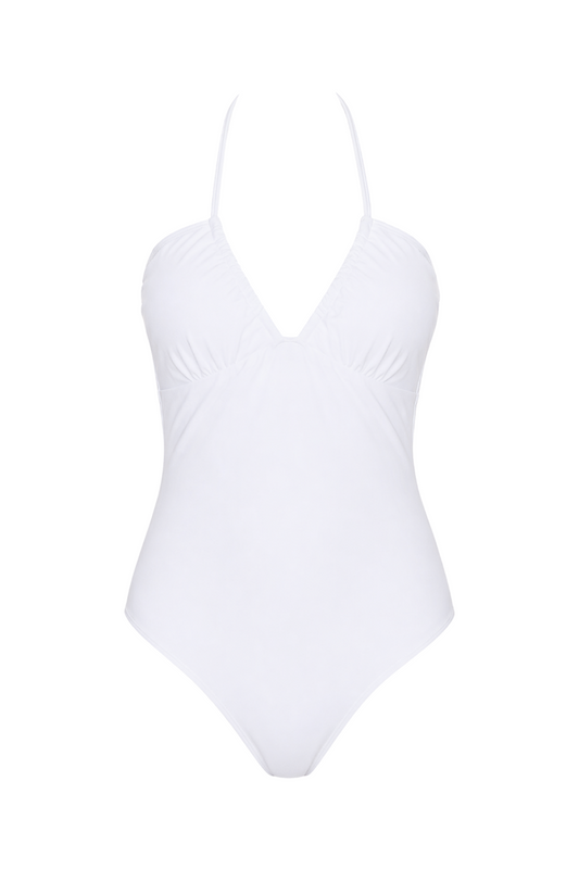 fabric:matte polyester | view:01 | White one-piece halter swimsuit with deep V neckline and gathered bust, front view on white background