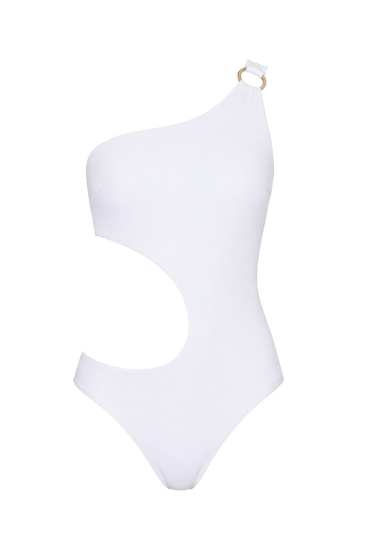 fabric:matte nylon | view:01 | White one-shoulder cutout swimsuit with gold ring detail on a white background
