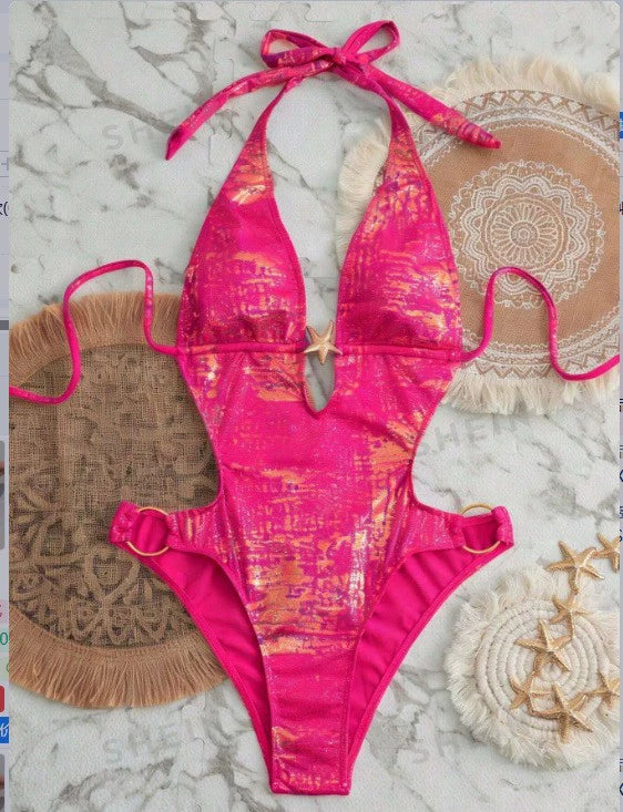 Halter Neck Plunge One-Piece Swimsuit with Side Cutouts view 12