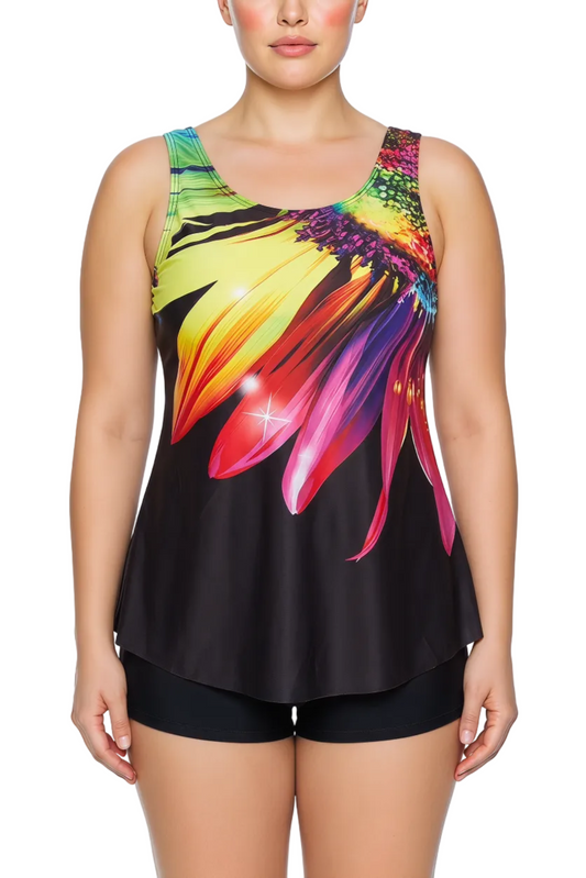 Flared A-Line Scoop Neck Tankini Top with Sleeveless Design | SWPLT005