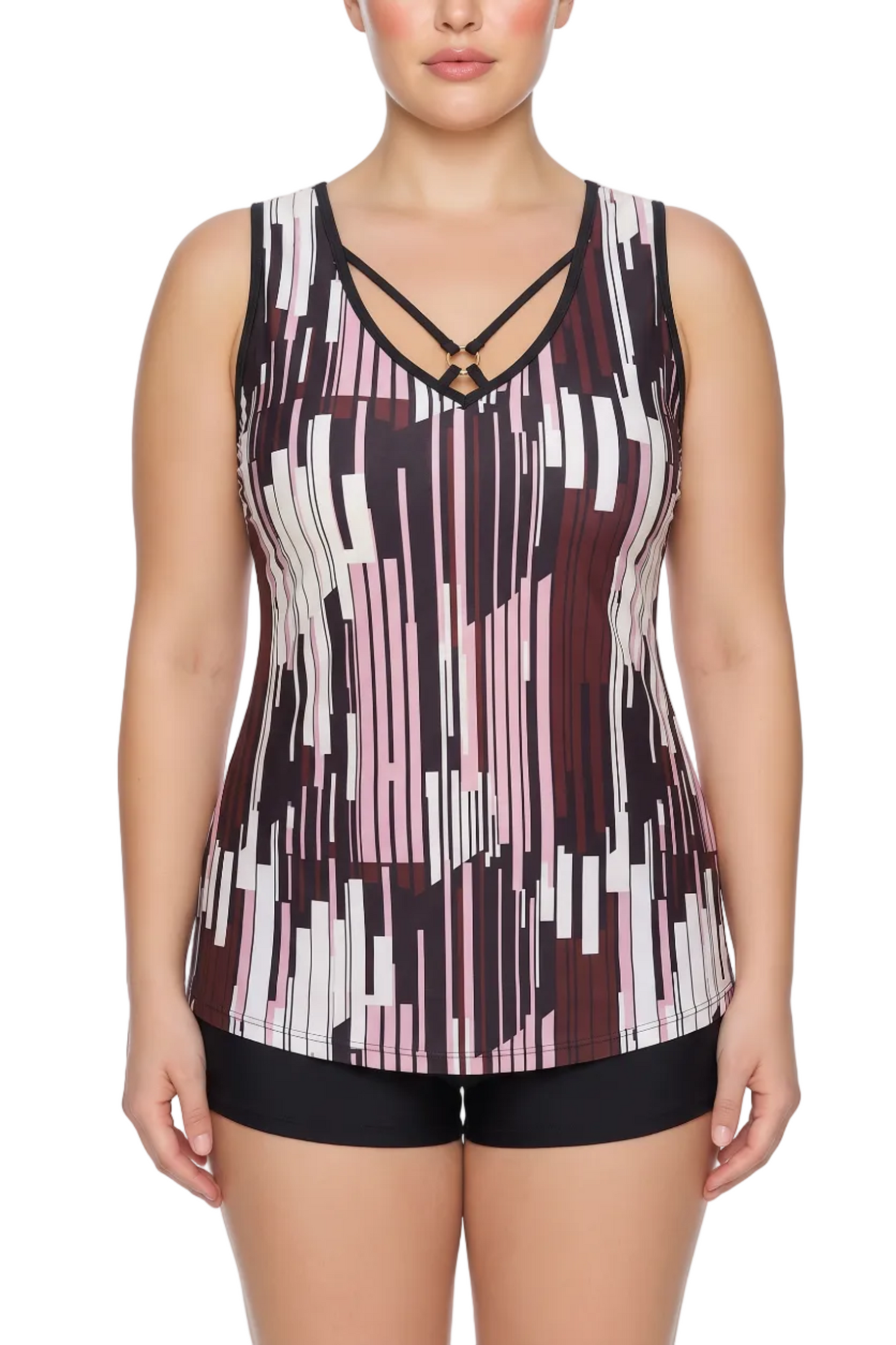 Fitted V-Neck Tankini Top with Crisscross Ring Detail | SWPLT006