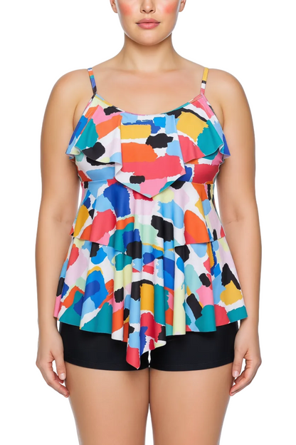 Scoop Neck Tiered Ruffle Tankini Top with Spaghetti Straps | SWPLT010