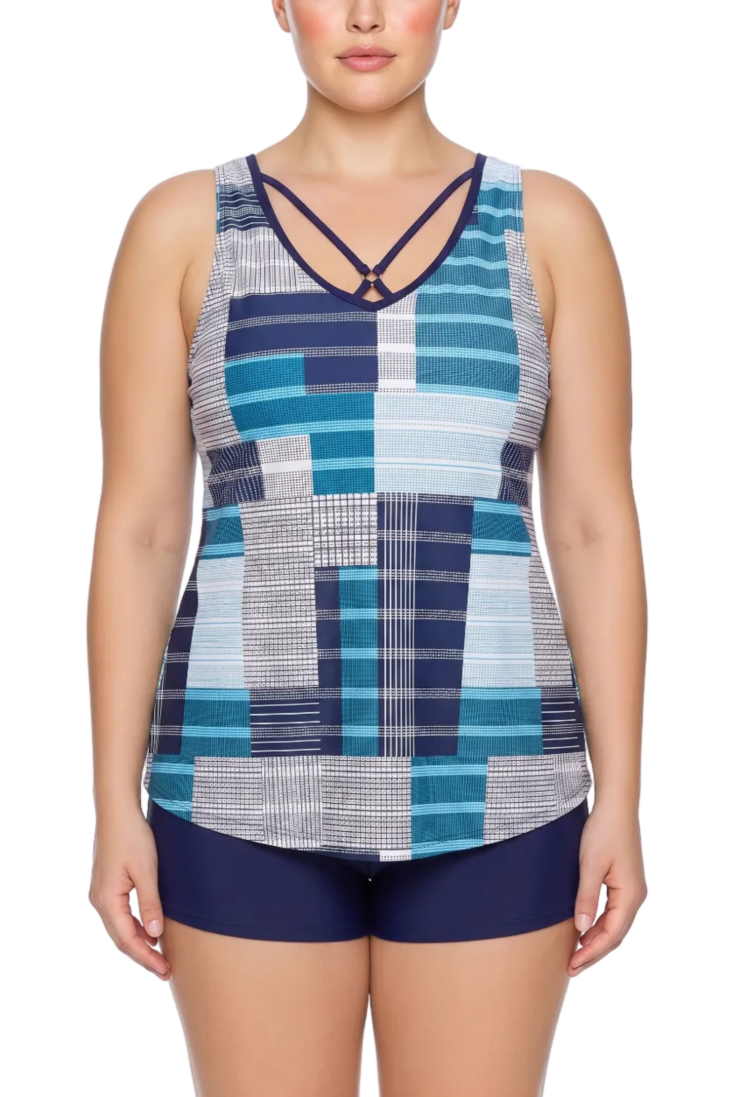 Fitted V-Neck Tankini Top with Crisscross Front Detail | SWPLT022