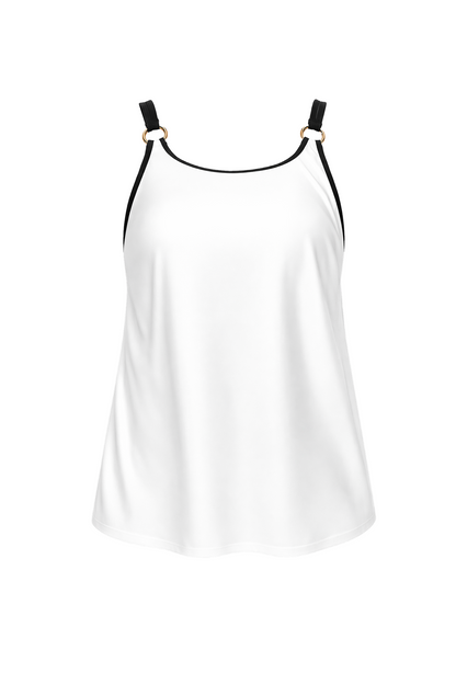 White flared tankini top with black trim, scoop neckline, and gold ring-accented straps.