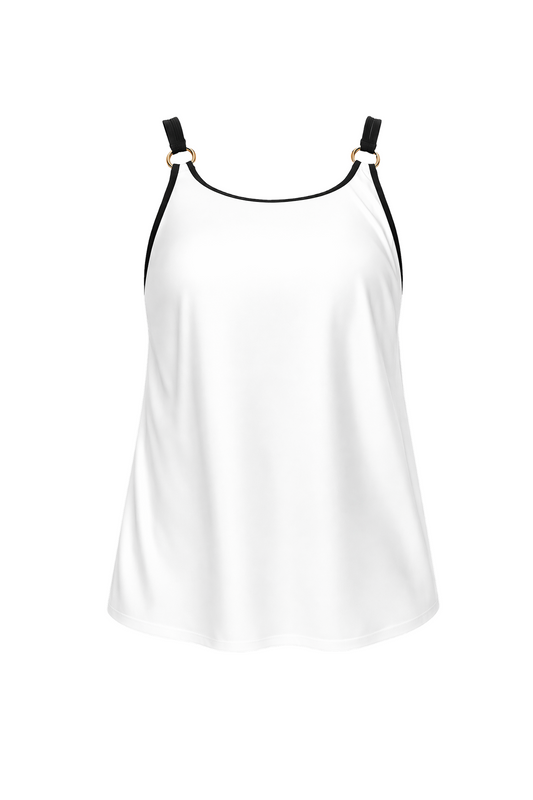 White flared tankini top with black trim, scoop neckline, and gold ring-accented straps.