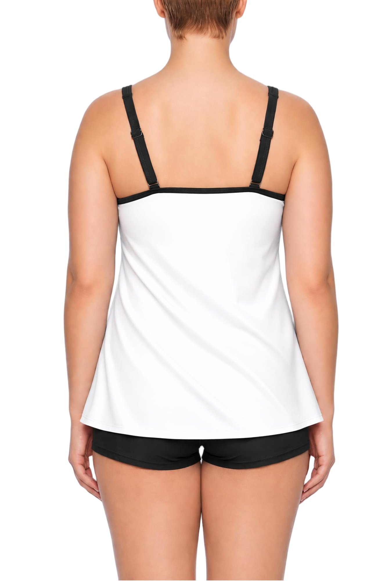 Back view of a white flared tankini top with black adjustable straps and matching black boyshort bottoms.