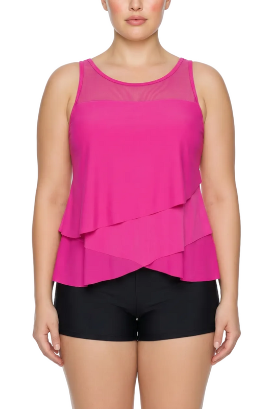 Mesh Neck Layered Ruffle Swim Top | SWPLT103